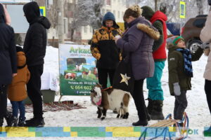 Grupa ludzi stojąca obok kozy miniaturki.